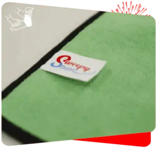 Microfiber cleaning cloth with Sweepy Maid logo for professional cleaning services.