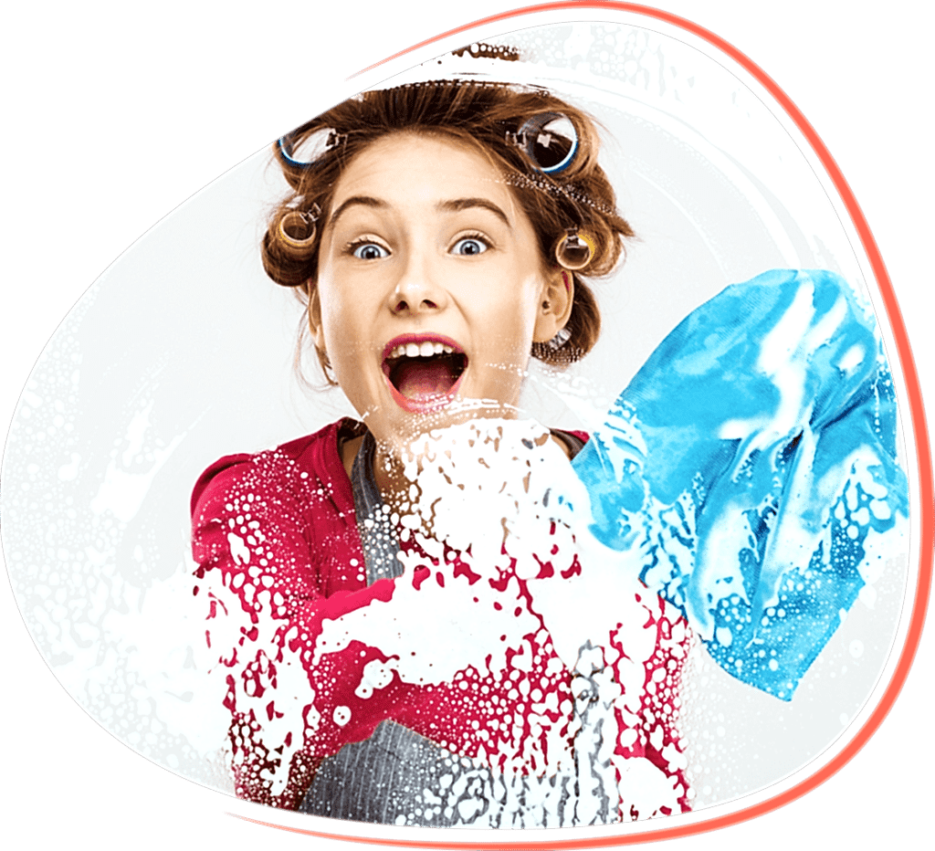 CLEANING FUN: Young girl with curlers in hair enjoying soapy bubble play during home cleaning.