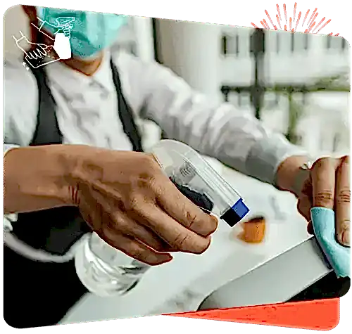 Disinfecting keyboard with spray to ensure a clean, sanitized workspace.