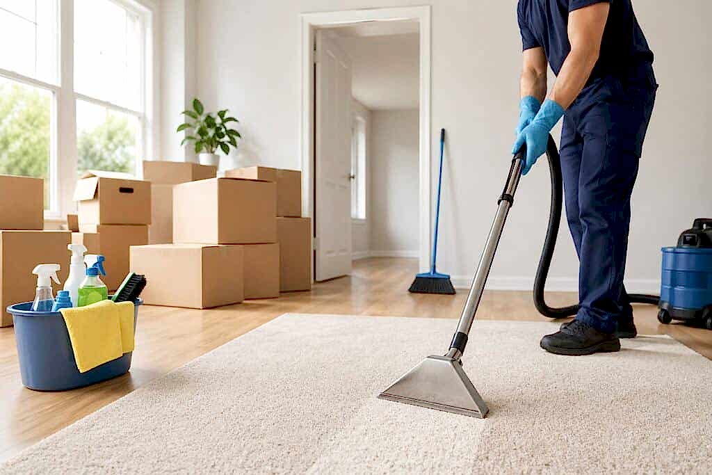 Vacuum cleaner operator cleaning carpet in a bright, modern home.
