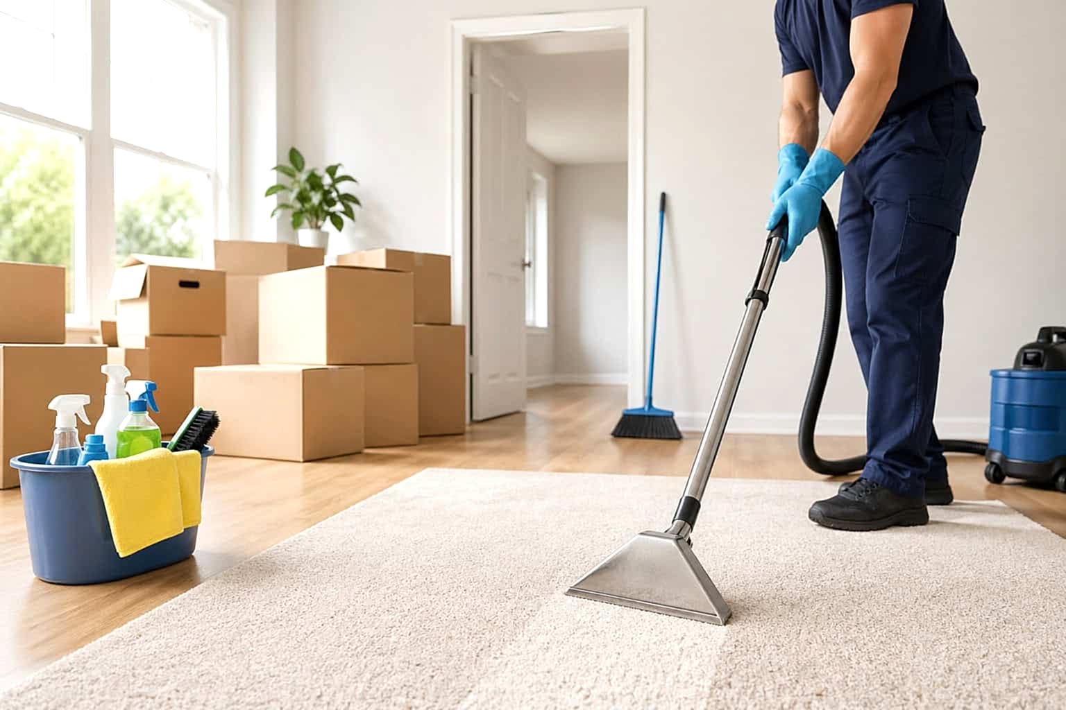 Vacuum cleaner operator cleaning carpet in a bright, modern home.