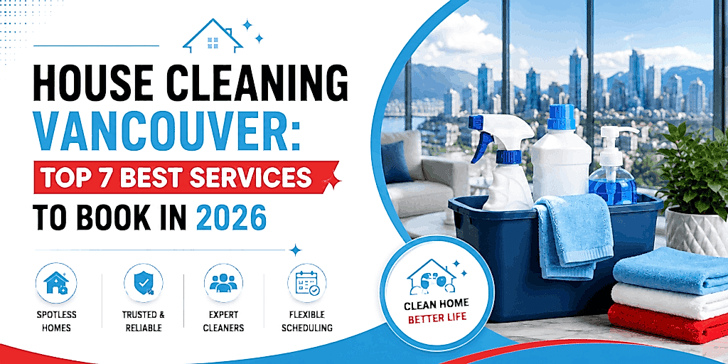 Modern house cleaning service in Vancouver with cleaning supplies and city view.