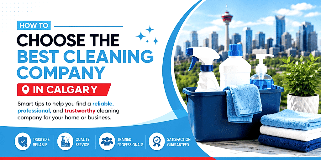 Cleaning supplies on a balcony with city skyline in Calgary background.