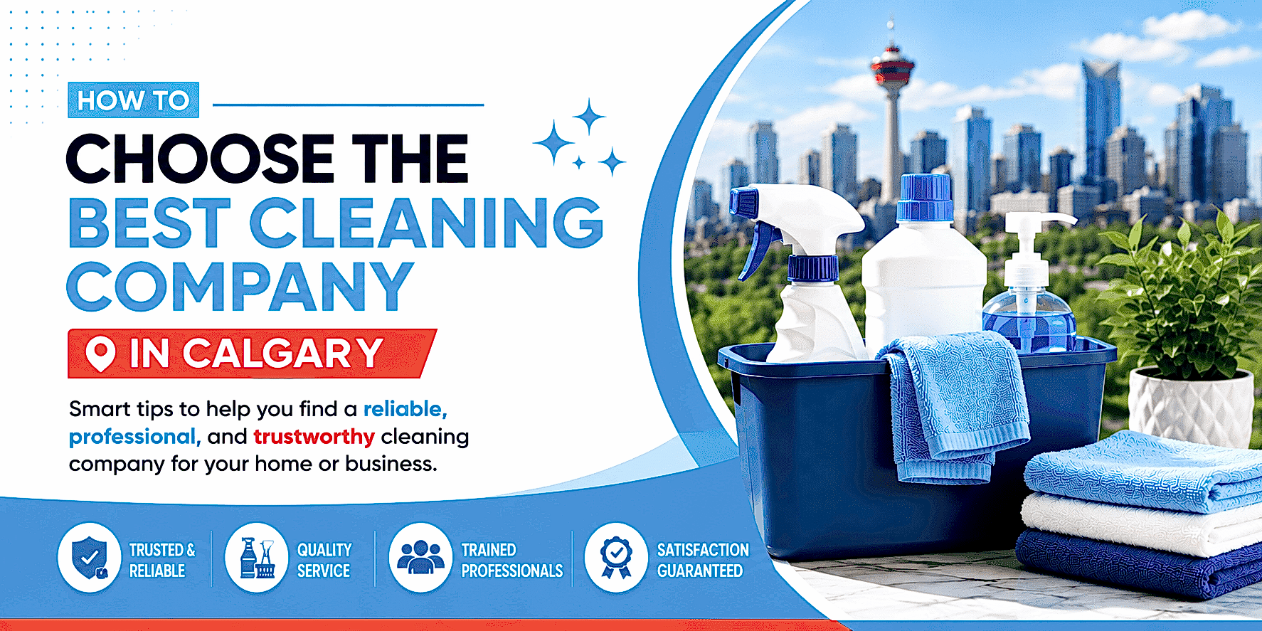 Cleaning supplies on a balcony with city skyline in Calgary background.