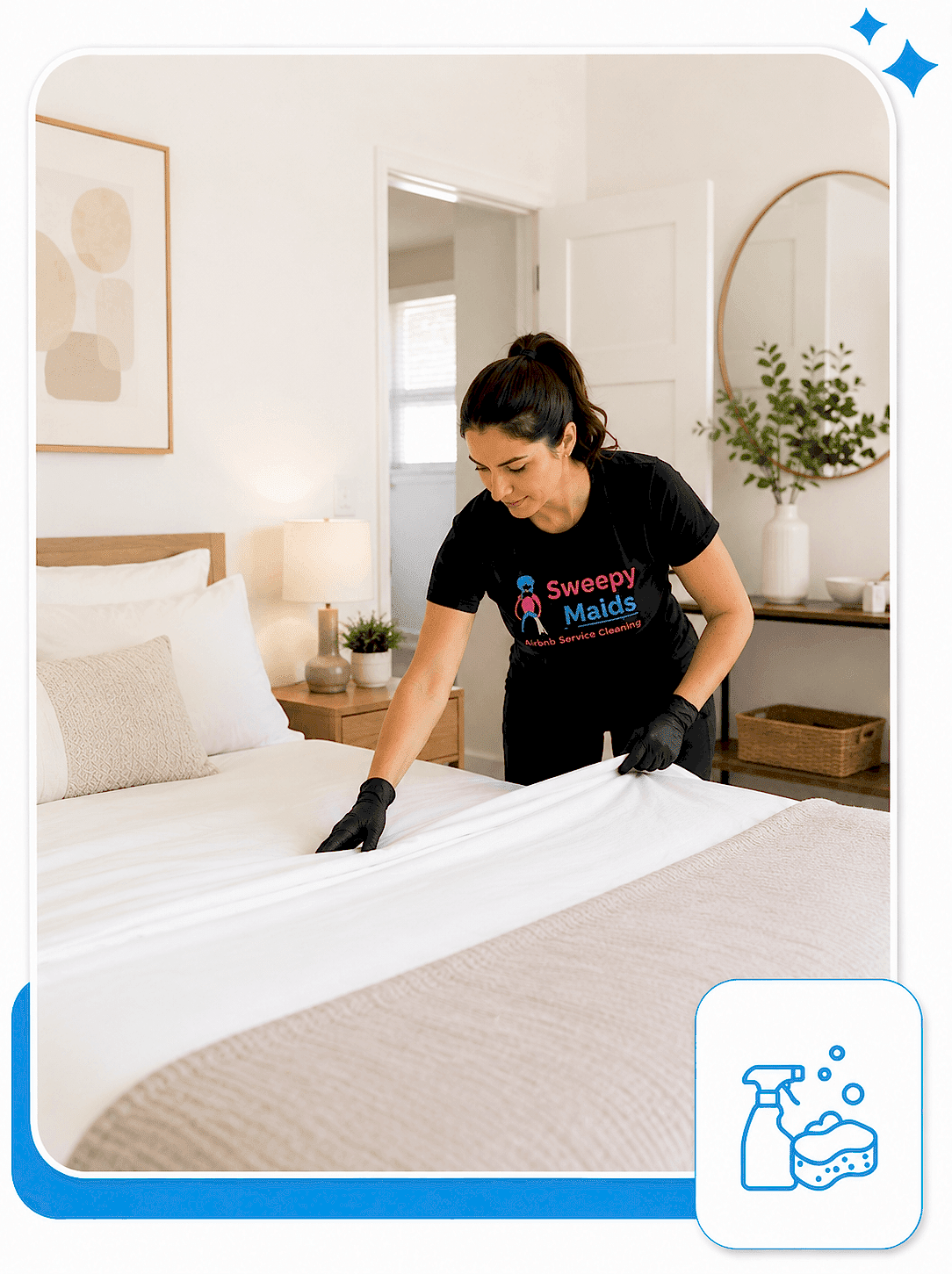 Sweepy Maids cleaner making a bed during an Airbnb turnover cleaning in Kelowna