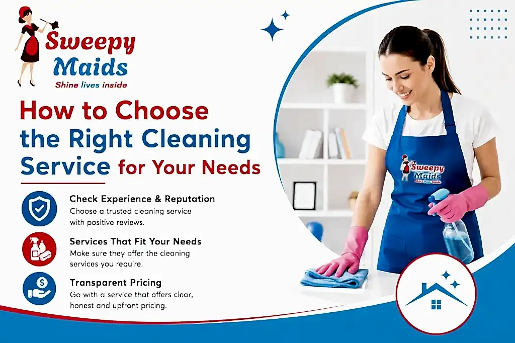 Professional woman cleaning with Sweepy Maids logo in background.