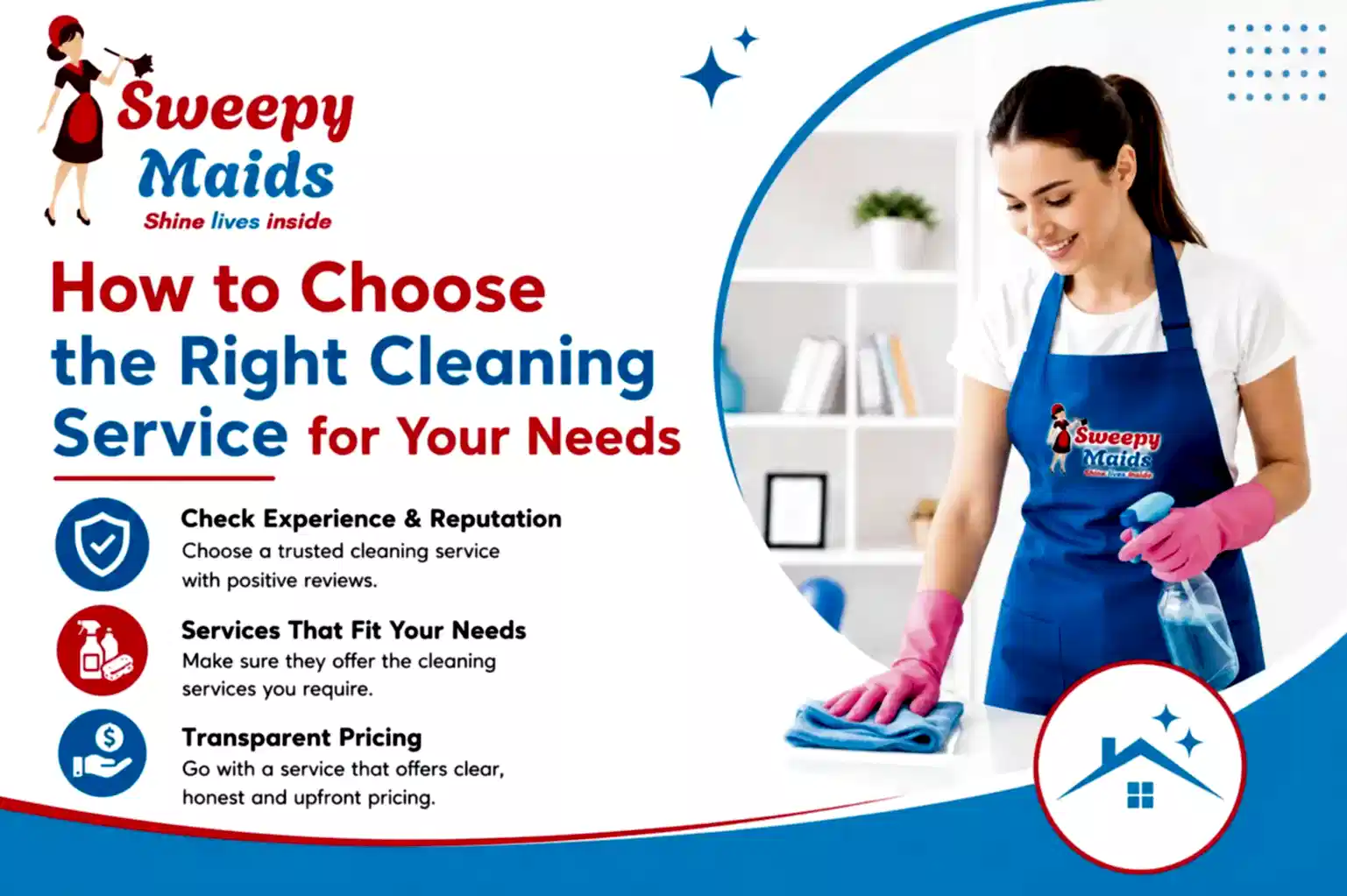 Professional woman cleaning with Sweepy Maids logo in background.