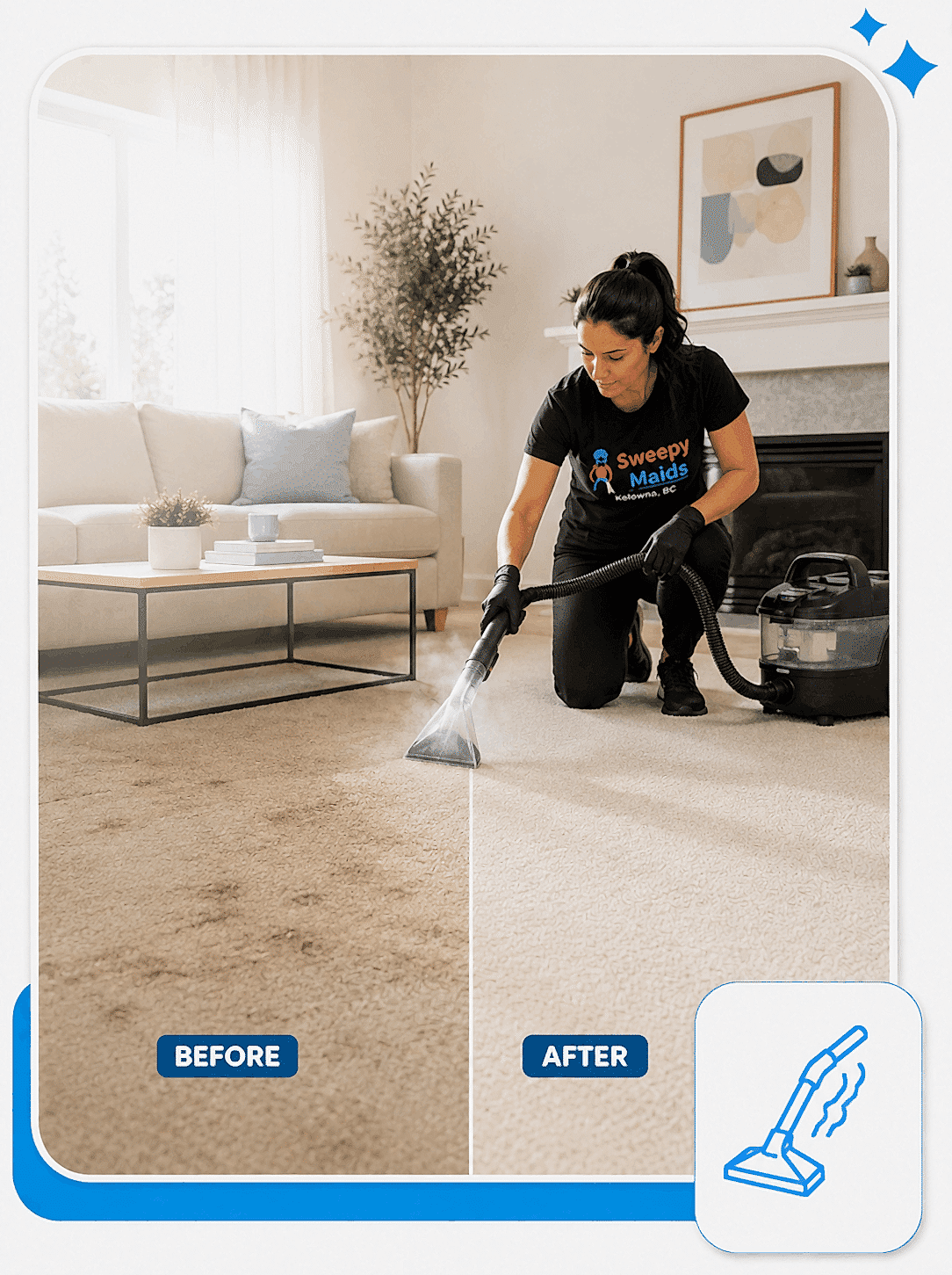 Before and after carpet steam cleaning in a Kelowna, BC living room