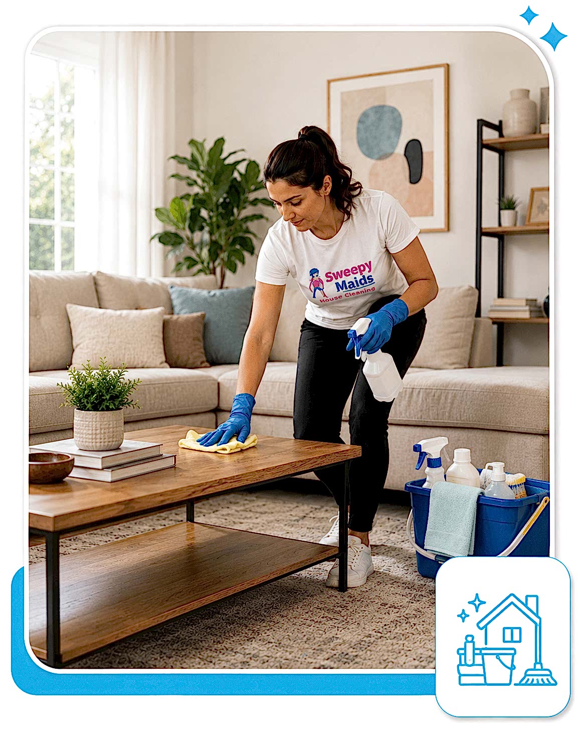 Sweepy Maids cleaner vacuuming a living room in a Kelowna, BC house