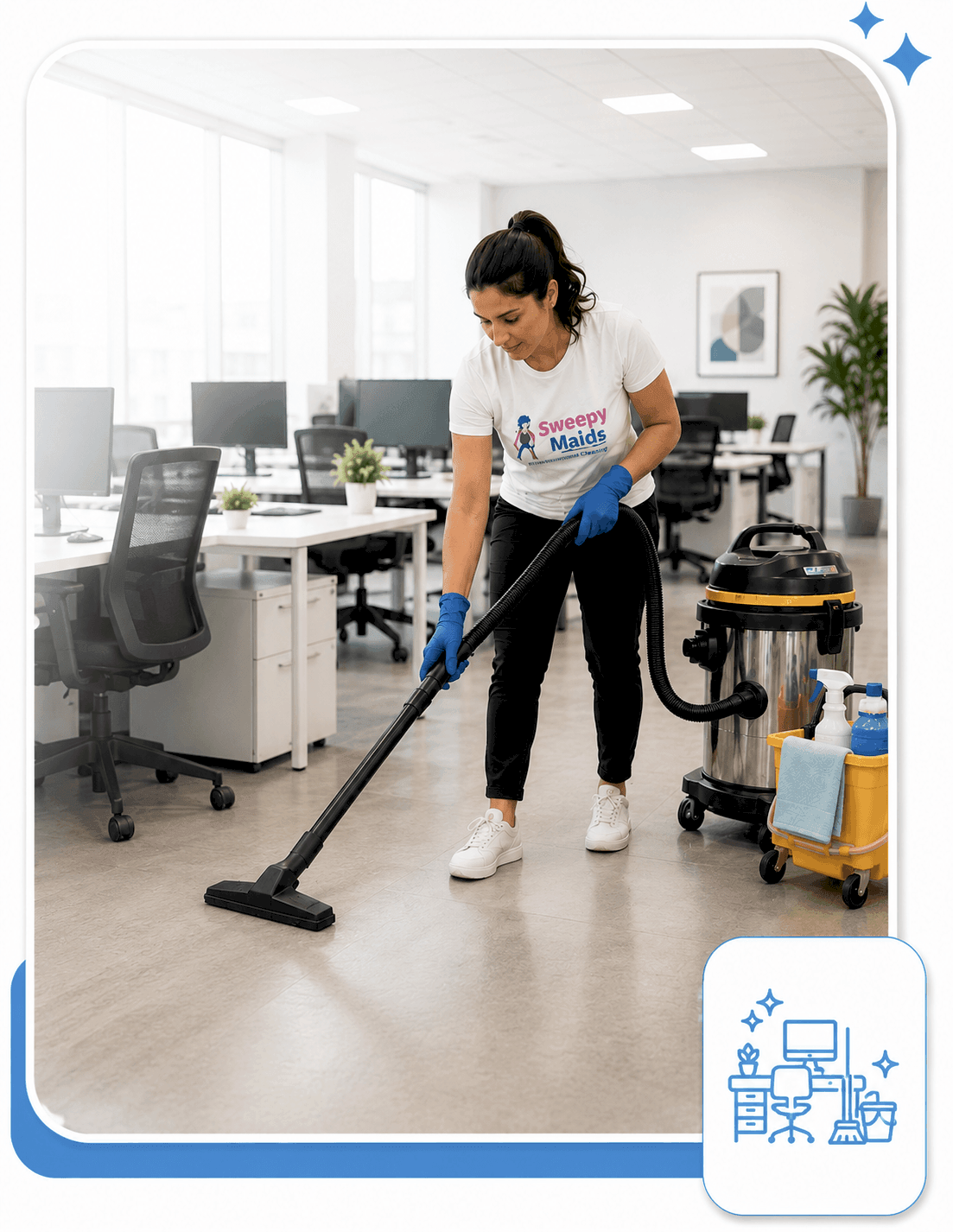 Sweepy Maids cleaner vacuuming an office floor in Kelowna, BC